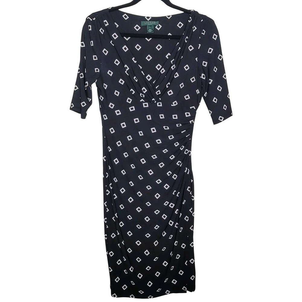 Lauren Ralph Lauren Dress Womens Sz 4 Black Ruched White Diamond Print Faux Wrap